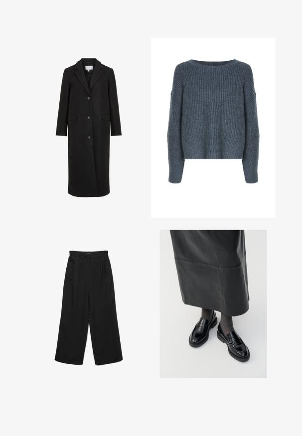 Manteau en laine noire au design ajusté, avec un col cranté, des manches longues, trois boutons sur le devant et des poches latérales. Texture lisse.; Weekday IVY - Pullover - dark grey; Pantalon noir à jambes larges avec devant plat, deux plis et poches latérales. Confectionné dans un tissu lisse avec une ceinture structurée.; Mocassins en cuir noir avec une finition lisse, ornés d'une bande décorative, à bout rond et avec une semelle texturée. Portés avec une longue jupe en cuir noir.
