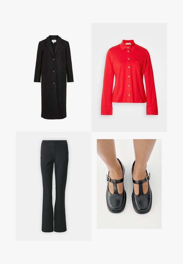 Manteau en laine noire au design ajusté, avec un col cranté, des manches longues, trois boutons sur le devant et des poches latérales. Texture lisse.; Chemise rouge à manches longues avec boutons, fabriquée en tissu extensible, dotée d'un col, d'une poche poitrine unique et de boutons blancs sur le devant et les poignets.; Pantalons noirs évasés en tissu lisse ; présentent un devant plat sans poches et une coupe ajustée, se rétrécissant vers l'ourlet.; Chaussures en cuir noir avec un design à bride en T, bout fermé et accents de boucles argentées. Texture lisse avec un bout arrondi et une semelle plate.