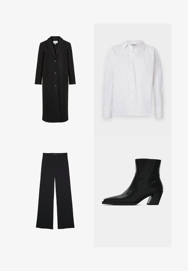 Manteau en laine noire au design ajusté, avec un col cranté, des manches longues, trois boutons sur le devant et des poches latérales. Texture lisse.; Chemise blanche à boutons faite en coton, avec des manches longues, un col classique et des détails de couture subtils.; Pantalon noir à jambes larges avec passants de ceinture, bouton frontal et fermeture éclair, étalé à plat sur un fond blanc.; Bottine en cuir noir avec un bout pointu, une silhouette élégante et un talon carré massif. Texture lisse avec des détails de couture minimalistes.