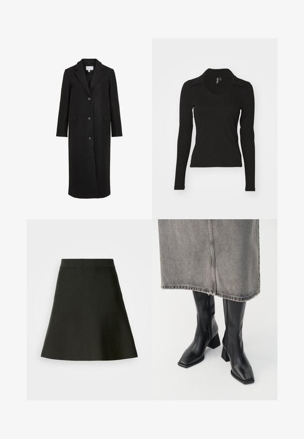 Abrigo de lana negro con un diseño ajustado, que presenta un cuello con muescas, mangas largas, tres botones en la parte delantera y bolsillos laterales. Textura suave.; Blusa negra de manga larga con escote en V y cuello, hecha de tela de canalé. Diseño ajustado, sin patrones ni acentos visibles.; Falda negra en corte A con cinturilla ajustada, textura lisa y ligero vuelo en el dobladillo sobre un fondo claro.; Botas negras hasta la rodilla de cuero liso con punta cuadrada y tacón cuadrado. Llevadas con una falda de mezclilla gris con dobladillo desflecado.