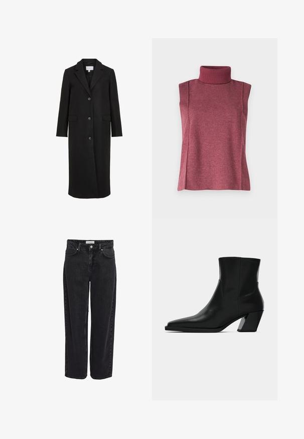 Manteau en laine noire au design ajusté, avec un col cranté, des manches longues, trois boutons sur le devant et des poches latérales. Texture lisse.; Haut sans manches à col roulé en tissu tricoté bordeaux, avec un col côtelé haut et des coutures latérales pour la structure et l'ajustement.; Jean en denim noir taille haute, coupe large, avec cinq poches et fermeture éclair. Texture lisse avec détails de couture minimaux visibles.; Bottine en cuir noir avec un bout pointu, une silhouette élégante et un talon carré massif. Texture lisse avec des détails de couture minimalistes.