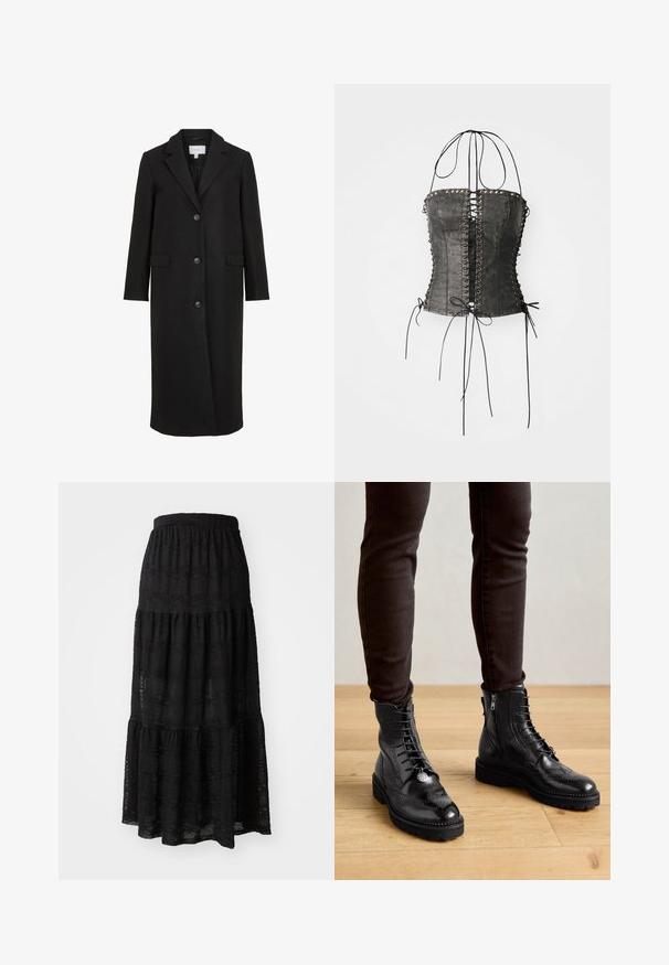 Schwarzer Wollmantel mit maßgeschneidertem Design, ausgestattet mit einem Reverskragen, langen Ärmeln, drei vorderen Knöpfen und Seitentaschen. Glatte Textur.; Jaded London LONGLINE LACE UP HALTER CORSET - Top - black; Schwarzer Maxirock aus strukturiertem Stoff, mit einem gestuften Design, gerafftem Saum und dezenten Wellenmustern im gesamten Stoff.; Schwarze LederStiefeletten mit Brogue-Details, Schnürung, seitlichen Reißverschlüssen und strukturierten Gummi-Sohlen. Kombiniert mit dunklen Slim-Fit-Hosen.