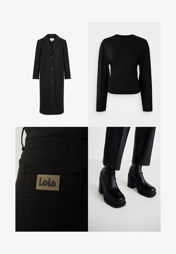 Sort uldfrakke med skræddersyet design, der har en spids krave, lange ærmer, tre frontknapper og sidelommer. Glat tekstur.; Sort langærmet top lavet af blødt stof. Har en rund halsudskæring og samlet detalje ved taljen. Glat tekstur, tætsiddende design.; Sorte stofbukser med en baglomme, der har et brunt mærke prægede med "Lois" i mørk skrift. Syningerne er synlige.; Sorte læderplatform ankelstøvler med en høj blokhæl og glat tekstur. Har syningsdetaljer og et tætsiddende design.