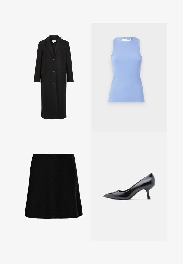 Sort uldfrakke med skræddersyet design, der har en spids krave, lange ærmer, tre frontknapper og sidelommer. Glat tekstur.; Lyseblå ribbet tanktop med rund hals og uden ærmer. Har en tætsiddende silhuet og en glat tekstur.; Sort A-formet nederdel i tekstureret, blødt stof. Har en tætsiddende talje og en udvidet silhuet, der giver et glat og afslappet udseende.; Sort laklæderstilet med spids tå og en mellemhøj stilet hæl. Glat tekstur og minimalistisk design uden synlige dekorationer.