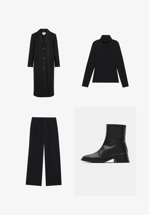 Abrigo de lana negro con un diseño ajustado, que presenta un cuello con muescas, mangas largas, tres botones en la parte delantera y bolsillos laterales. Textura suave.; Sudadera negra de manga larga con cuello alto. Tejido suave, diseño ajustado, cuello alto y costuras laterales. Estilo sencillo y versátil, adecuado para combinar en capas.; Pantalones de pierna ancha negros confeccionados en una tela suave. Presentan pliegues delanteros, un cierre de botón y bolsillos laterales. Diseño liso sin patrones.; Botín negro de tobillo hecho de cuero brillante, con un diseño elegante, punta afilada y un tacón bloque moderado para mayor estabilidad.