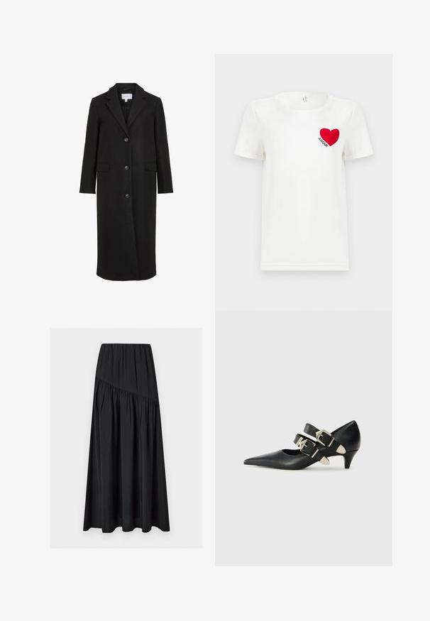 Sort uldfrakke med skræddersyet design, der har en spids krave, lange ærmer, tre frontknapper og sidelommer. Glat tekstur.; Hvid T-shirt med korte ærmer, prydet med et rødt hjerte og ordet "AMOUR" trykt på venstre bryst.; Lang sort nederdel med elastisk talje og diagonalt rynket sømdetalje, lavet af let, let tekstureret stof.; Replay CECILE DOUBLE - Pumps - black
