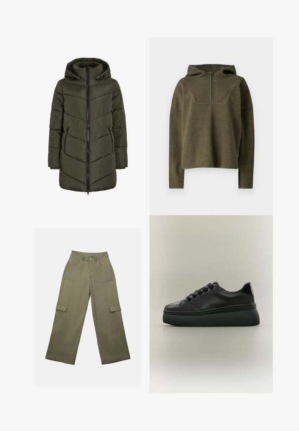 Chaqueta de plumas verde oliva con capucha, que presenta un cierre de cremallera en la parte delantera, bolsillos laterales y costuras en forma de flecha para proporcionar textura e insulation.; Suéter de forro polar verde oliva con capucha, cierre de media cremallera en la parte delantera, tela texturizada y ribete contrastante en el dobladillo y en los puños.; Pantalones cargo verde oliva con cintura alta, piernas amplias y dos grandes bolsillos laterales. Fabricados en tela suave con cierre de botón.; Zapatilla deportiva negra de corte bajo con suela plataforma gruesa y texturizada y cierre de cordones en la parte frontal sobre fondo neutro sencillo.