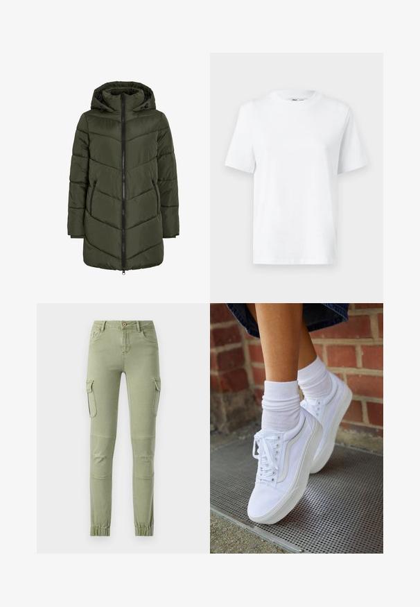 Olivgrüne Steppjacke mit Kapuze, ausgestattet mit einem Reißverschluss vorne, Seitentaschen und Zickzacknähten für Textur und Isolierung.; Weißes Baumwoll-T-Shirt mit Rundhalsausschnitt, kurzärmlig und mit glatter Textur. Entworfen mit einer lockeren Passform für Komfort und Vielseitigkeit.; Cargo-Hosen aus hellgrünem Stoff mit enganliegendem Design, zwei Seitentaschen und elastischen Bündchen an den Knöcheln für einen schmalen Look.; Weiße Leinensneaker mit Gummisohlen, ausgestattet mit sechs Ösen, runder Zehenpartie und dezenten Nähten, kombiniert mit weißen Knöchelsocken.