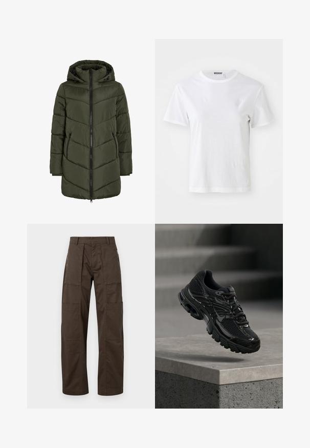 Chaqueta de plumas verde oliva con capucha, que presenta un cierre de cremallera en la parte delantera, bolsillos laterales y costuras en forma de flecha para proporcionar textura e insulation.; Camiseta blanca de manga corta hecha de una tela suave. Cuenta con un escote redondo y un corte recto, con una etiqueta en el cuello interior.; Pantalones cargo marrones hechos de una tela resistente, con múltiples bolsillos, un corte relajado y detalles de costura prominentes para mayor durabilidad.; Zapatilla de running negra de Nike con parte superior de malla y sintética flotando sobre una superficie de hormigón y escalones de fondo.