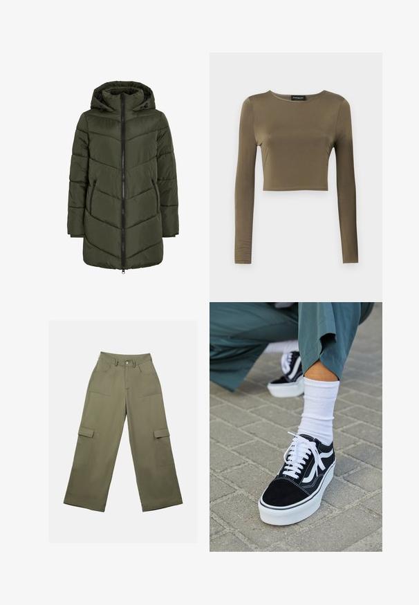 Oliven grøn pufferjakke med hætte, med lynlås foran, sidelommer og chevron-syning for tekstur og isolation.; Oliven grøn, langærmet cropped top i et glat, strækbart stof; har en rund halsudskæring og en skræddersyet pasform med færdige kanter.; Olivengrønne cargo bukser med høj talje, brede ben og to store sidelommer. Fremstillet af glat stof med knaplukning.; Sorte ruskinds sneakers med hvide accenter og snørebånd, der har en tyk hvid sål og kontrasterende syninger, parret med en hvid sok.