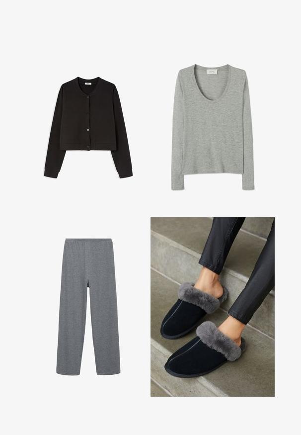 Cardigan court noir en tissu doux, avec des manches longues, un col rond et cinq boutons sur le devant avec une texture lisse.; Chemise à manches longues gris clair chiné avec col rond et tissu doux, étalée à plat sur fond blanc.; Pantalons larges gris en mélange de coton avec une taille élastique, présentant une texture lisse et un design simple et dépouillé.; Des chaussons en suède noir avec un col en fausse fourrure grise, à bout rond et couture contrastante. Texture douce et design à enfiler pour un port facile.