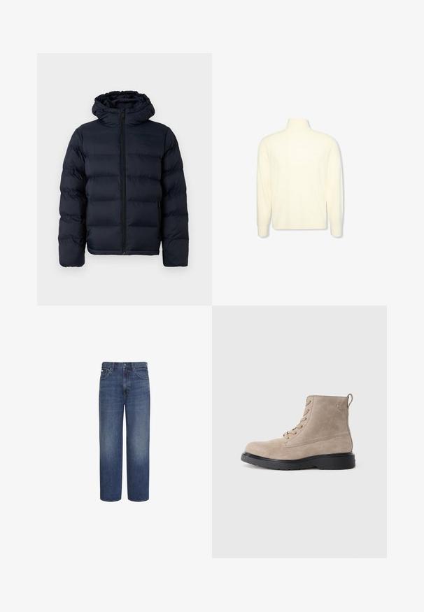 Calvin Klein Winterjas - dark sapphire; Roomkleurige coltrui met lange mouwen, geribde boorden en een subtiel logo op de borst, getoond op een effen witte achtergrond.; Blauwe jeans met hoge taille en rechte pijpen, met knoop en rits aan de voorkant, riemlussen en voor- en achterzakken.; Beige suède enkellaarsjes met zwarte rubberen zool, vetersluiting en een klein logo dat aan de zijkant is gedrukt, voorzien van een trekloop aan de achterkant.