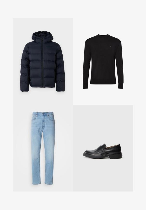 Calvin Klein Winterjas - dark sapphire; Zwarte trui met lange mouwen en ronde hals, met een klein subtiel logo op de bovenste linkerborst en geribbelde manchetten en zoom.; Lichtblauwe denim jeans met een rechte pasvorm, vijf zakken en riemlussen. De stof heeft een gladde textuur met een lichte vervaging.; Zwarte leren instap schoenen met een lage hak en subtiel Calvin Klein-logo aan de zijkant, weergegeven in profiel op een witte achtergrond.