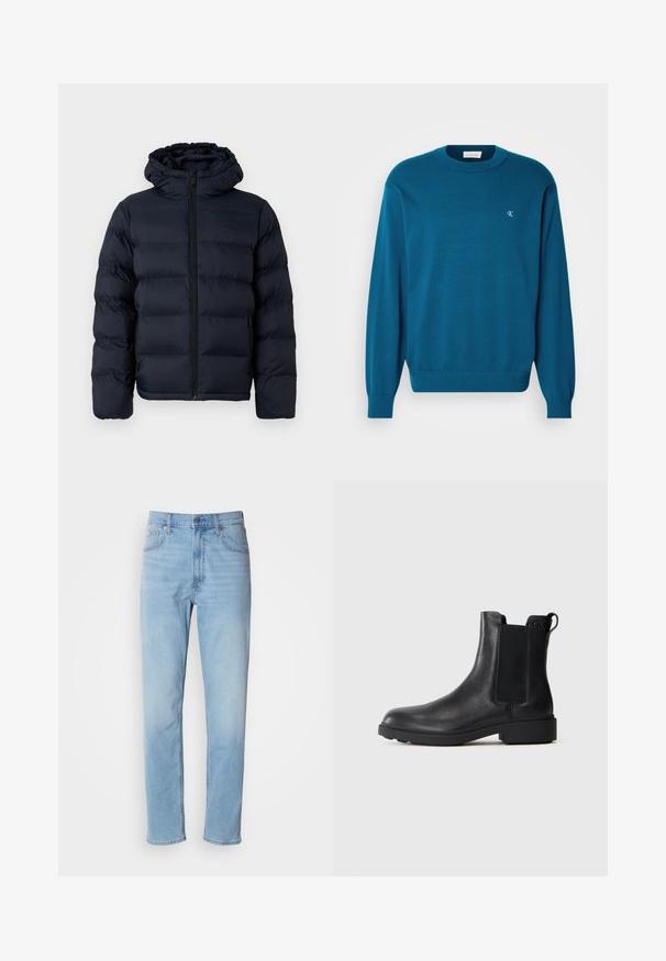 Calvin Klein Winterjas - dark sapphire; Turquoise gebreide trui met ronde hals, lange mouwen en geribbelde zoom. Beschikt over een klein logo linksboven. Zachte textuur.; Lichtblauwe denim jeans met een rechte pasvorm, vijf zakken en riemlussen. De stof heeft een gladde textuur met een lichte vervaging.; Zwarte leren enkelboot met elastische zijpanelen, trekhaak op de hiel en een lage blokzool tegen een effen achtergrond.