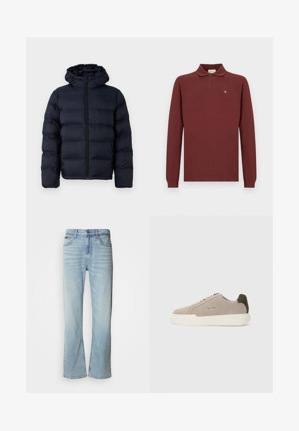 Calvin Klein Chaqueta de invierno - dark sapphire; Camisa polo de manga larga color marrón, hecha de algodón, con un cuello clásico, botonera de tres botones y un pequeño logo bordado en el pecho.; Jeans de mezclilla azul claro con corte recto, que cuentan con cinco bolsillos, un cierre de botón y un ligero desvanecimiento en la tela.; Zapatillas de piel de ante beige con suela de goma blanca, que presentan un acento en el talón de color verde oscuro y un sutil logo en el lateral.