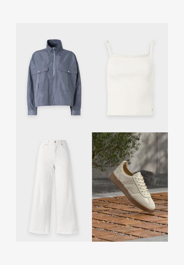 Afgekorte blauwe jas van een lichte, glanzende stof met een hoge kraag, een halve rits aan de voorkant en twee zakken met klep op de borst.; Geribbelde, crèmekleurige camisole met dunne, verstelbare bandjes en een klein logoaccent aan de zoom. Zachte textuur. Strak aansluitend ontwerp.; Witte wijde jeans gemaakt van denim, met een hoge taille, een ontwerp met vier zakken en een ruwe zoom aan de onderkant voor textuur.; Sneaker in roomkleur met een gestructureerde beige rubberen zool, vetersluiting en subtiele merkdetails aan de zijkant. Bovenwerk van glad leer.