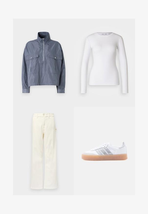 Afgekorte blauwe jas van een lichte, glanzende stof met een hoge kraag, een halve rits aan de voorkant en twee zakken met klep op de borst.; Witte longsleeve shirt van ribstof, met een ronde halslijn en een getailleerde vorm. Er zijn geen patronen of accenten aanwezig.; Good American GOOD 90S CARPENTER - Wide leg - white denim; Witte lage sneaker met gumzool, zilverkleurige gestreepte zijkanten en veterluiting, afgebeeld tegen een effen lichte achtergrond.