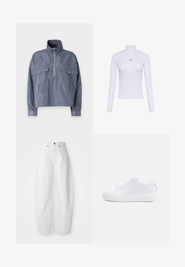 Afgekorte blauwe jas van een lichte, glanzende stof met een hoge kraag, een halve rits aan de voorkant en twee zakken met klep op de borst.; Witte lange mouwen coltrui top met een klein Calvin Klein-logo midden op de borst.; Hoge taille witte spijkerbroek met een losse pasvorm. Voorzien van een knoopsluiting, zijzakken en een minimalistisch ontwerp. Glad textuur.; Witte lage sneaker met vetersluiting, dikke zool en glad bovenwerk, gezien vanaf de buitenkant tegen een effen lichte achtergrond.