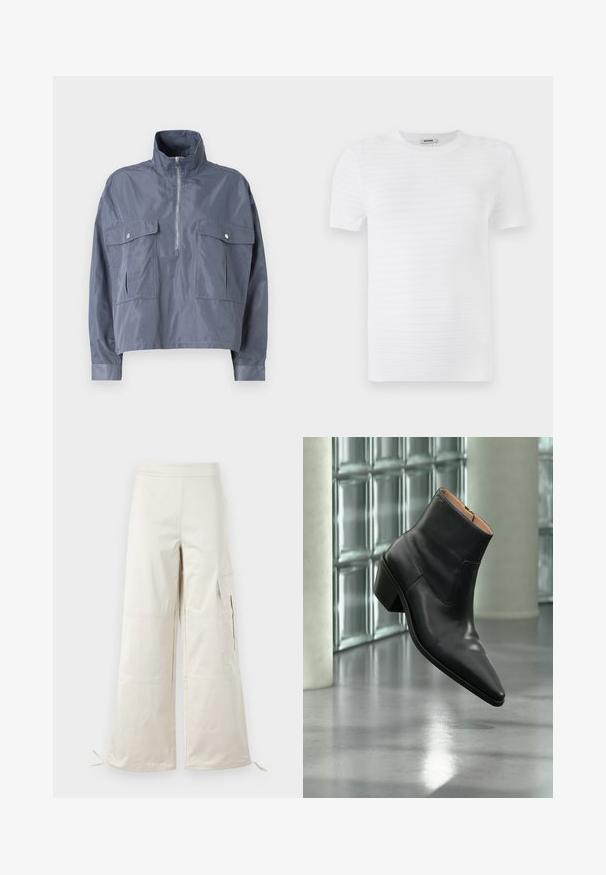 Forkortet blå jakke i et let, skinnende materiale med høj krave, halvlynlås fortil og to klaplommer på brystet.; Hvid kortærmet t-shirt lavet af struktureret stof med et ribbet mønster. Designet har en rund udskæring og en lige pasform.; Beige brede benbukser lavet af letvægtsmateriale, med cargo-lommer og justerbare snore ved kanten for en tilpasselig pasform.; Sort læderankelstøvle med spids tå og blokhæl, der svæver over en reflekterende grå gulv nær en væg af glasblokke.