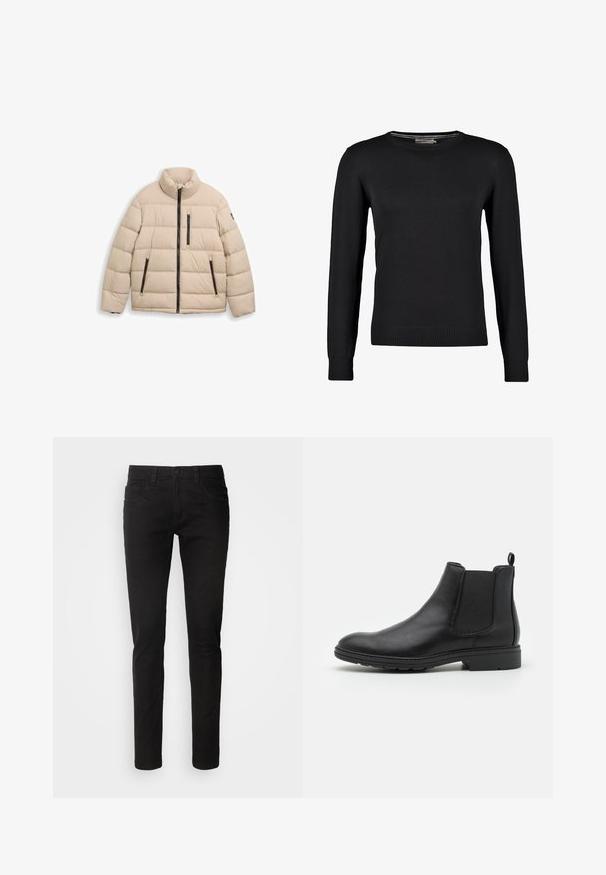 TOM TAILOR SPORTY PUFFER - Χειμωνιάτικο μπουφάν - light cashmere; Μαύρο πλεκτό πουλόβερ με μακριά μανίκια, στρογγυλή λαιμόκοψη και ribbed μανσέτες και στρίφωμα. Λείος υφή και εφαρμοστή σχεδίαση.; Μαύρα τζιν παντελόνια με στενή γραμμή, σχέδιο πέντε τσεπών, φερμουάρ και καθαρή, λεία υφή. Τυπική μέση με θηλιές για ζώνη.; Μαύρη δερμάτινη μπότα Chelsea με ελαστικές πλευρικές πινελιές και τράβηγμα, διαθέτοντας στρογγυλή μύτη και υφή από καουτσούκ στη σόλα.