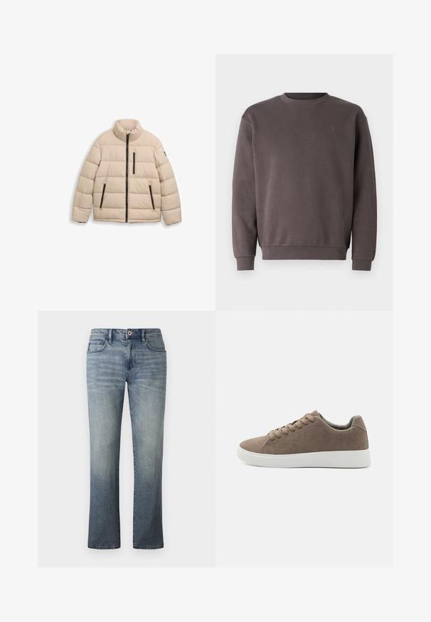 TOM TAILOR SPORTY PUFFER - Chaqueta de invierno - light cashmere; Sudadera de algodón gris con escote redondo, puños y dobladillo acanalados. Presenta un pequeño logotipo tonal en el pecho. Textura suave.; Jeans de denim de lavado claro con un diseño de pierna recta, estilo de cinco bolsillos, cierre con botón metálico y un sutil detalle envejecido.; Zapatillas de ante marrón con suelas de goma blanca planas, diseño de cordones, punta redondeada y una textura suave. Estilo minimalista con sutiles detalles de costura.