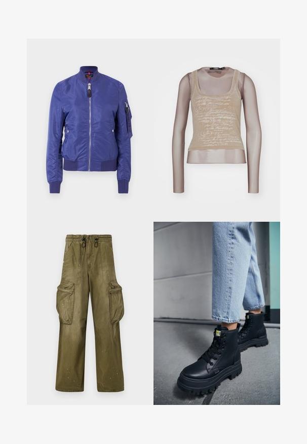 Blaue Bomberjacke aus glattem Material, mit einem Frontreißverschluss, gerippten Bündchen und einer Utility-Tasche mit Reißverschluss am Ärmel.; Beige ärmelloses Top kombiniert mit langen Mesh-Ärmeln; verfügt über einen weißen Schriftzug auf der Vorderseite, einen runden Ausschnitt und eine taillierte Silhouette.; Olivgrüne Cargo-Hosen mit lässiger Passform, elastischem Bund, Kordelzug, zwei seitlichen Taschen und zwei großen Cargo-Taschen. Leichte Abnutzung.; Person, die hellblaue Jeans und schwarze klobige Schnürstiefel trägt und auf einem Betonboden nahe einer Wand steht.