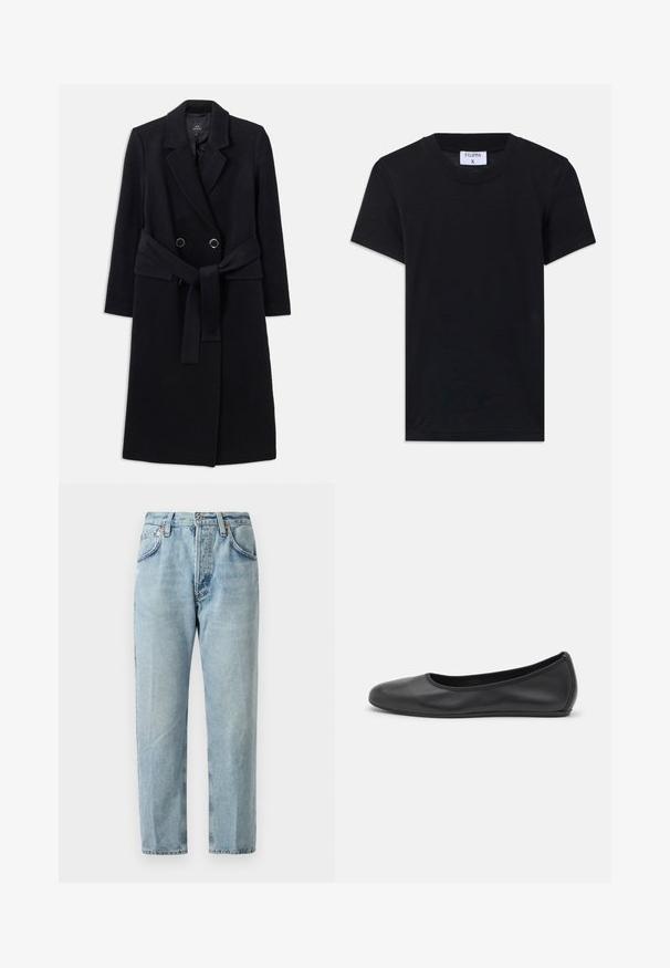 Sort uldblandingslang frakke med dobbeltbrystet design, slagkrave, bælte med slips og sølvfarvede hardware-accenter.; Sort bomulds T-shirt med rund hals, korte ærmer og en afslappet pasform. Etiketten viser "FILIPPA K" ved halsudskæringen.; Lysblå denimjeans med lige ben, fem lommer og let slid. Har en knaplukning og bæltestropper.; Sort læderballetsko med rund tå, glat tekstur, minimal syning og et fleksibelt såldesign.
