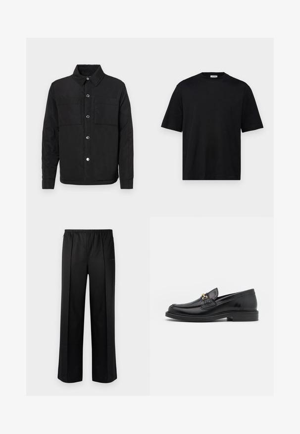 Zwarte gewatteerde jas met een knoopsluiting aan de voorkant, twee borstzakken en een kraag. Gemaakt van een gladde stof met een matte afwerking.; Filippa K MOCK NECK TEE - T-shirt basic - black; Les Benjamins Broek - black; Zwarte leren instappers met een ronde neus, voorzien van een gouden hardware accent en stikdetails, geplaatst op een lage, getextureerde rubberen zool.