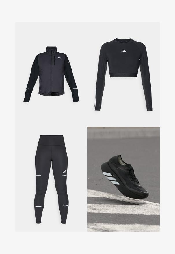 Veste de sport noire avec un col haut, une fermeture éclair à l'avant et des manches longues. Présente un panneau avant brillant, des manches mates contrastantes et des accents réfléchissants.; Haut d'entraînement noir à manches longues et coupé, en tissu lisse. Présente un logo blanc sur la poitrine et des accents rayés sur les manches.; Leggings noirs avec une taille haute, fabriqués dans un matériau lisse. Présentent des bandes réfléchissantes blanches près des genoux et un logo Adidas.; Chaussure de course noire avec des bandes blanches sur la semelle, flottant au-dessus de l'asphalte avec des marquages routiers blancs, soulevant de petits débris.