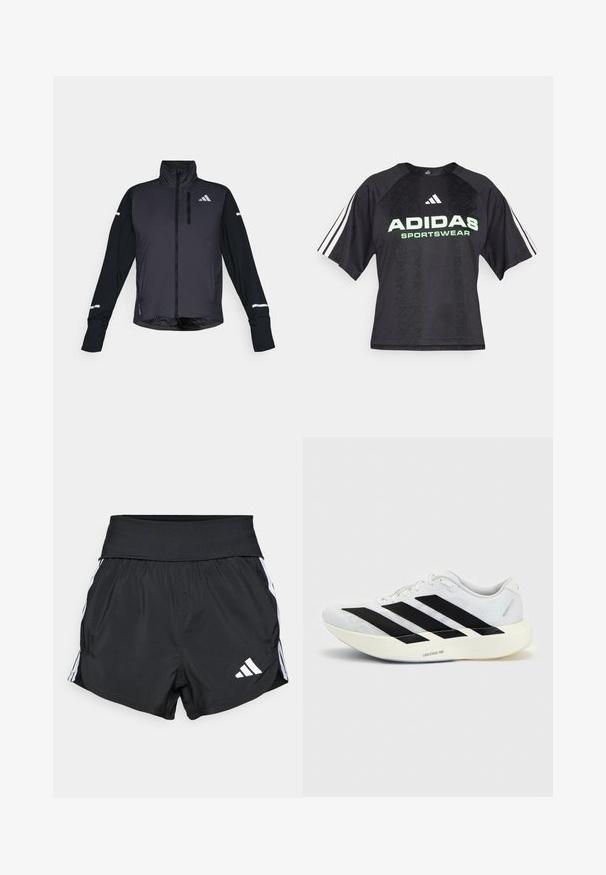 Veste de sport noire avec un col haut, une fermeture éclair à l'avant et des manches longues. Présente un panneau avant brillant, des manches mates contrastantes et des accents réfléchissants.; T-shirt de sport noir avec un motif texturé, arborant un logo vert "ADIDAS SPORTSWEAR" et trois bandes blanches sur chaque manche.; Shorts de sport noirs en matériau léger, avec une large taille élastique, des bandes blanches sur les côtés et un petit logo blanc en bas de l'ourlet.; Chaussure de running blanche avec motif trois bandes noires sur le côté et semelle blanche épaisse étiquetée "Lightstrike Pro" sur fond uni.