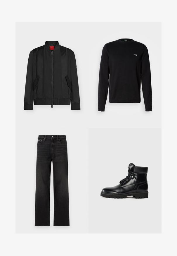 Veste bomber noire avec fermeture éclair devant, col, poignets et ourlet côtelés, deux poches à rabat inclinées, et étiquette de marque rouge HUGO à l’intérieur du col.; Sweat-shirt noir à manches longues en tissu lisse, avec un col et des poignets côtelés, arborant un logo blanc "BOSS" sur le côté gauche de la poitrine.; Jean noir droit avec cinq poches, passants pour ceinture et fermeture par bouton, présenté sur un fond blanc.; Bottine en cuir noir avec une finition brillante, design à lacets, col rembourré et semelle en caoutchouc robuste avec des grips de traction.