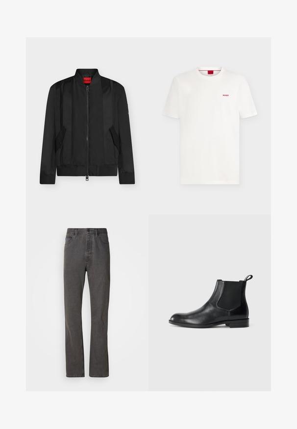 Veste bomber noire avec fermeture éclair devant, col, poignets et ourlet côtelés, deux poches à rabat inclinées, et étiquette de marque rouge HUGO à l’intérieur du col.; T-shirt blanc uni à manches courtes et col rond avec petit logo rouge "HUGO" sur la poitrine gauche et une étiquette rouge à l'intérieur du col.; Jeans en denim gris avec une coupe droite, dotés de poches avant, d'une fermeture à bouton et d'une texture subtile.; Bottine en cuir noir avec des panneaux latéraux élastiques, bout rond et tirette. Texture lisse, semelle plate, design minimaliste.