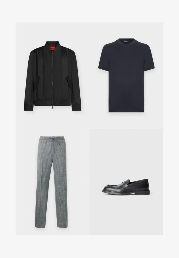 Veste bomber noire avec fermeture éclair devant, col, poignets et ourlet côtelés, deux poches à rabat inclinées, et étiquette de marque rouge HUGO à l’intérieur du col.; T-shirt à manches courtes bleu marine avec col rond et petit logo brodé sur la poitrine gauche, sur fond blanc uni.; Pantalon gris ajusté avec fines rayures blanches verticales et taille à cordon, présenté à plat sur un fond blanc.; Mocassins en cuir noir avec une finition texturée, dotés d'une bride décorative à l'avant et d'un bout arrondi. Semelle en caoutchouc pour plus de durabilité.