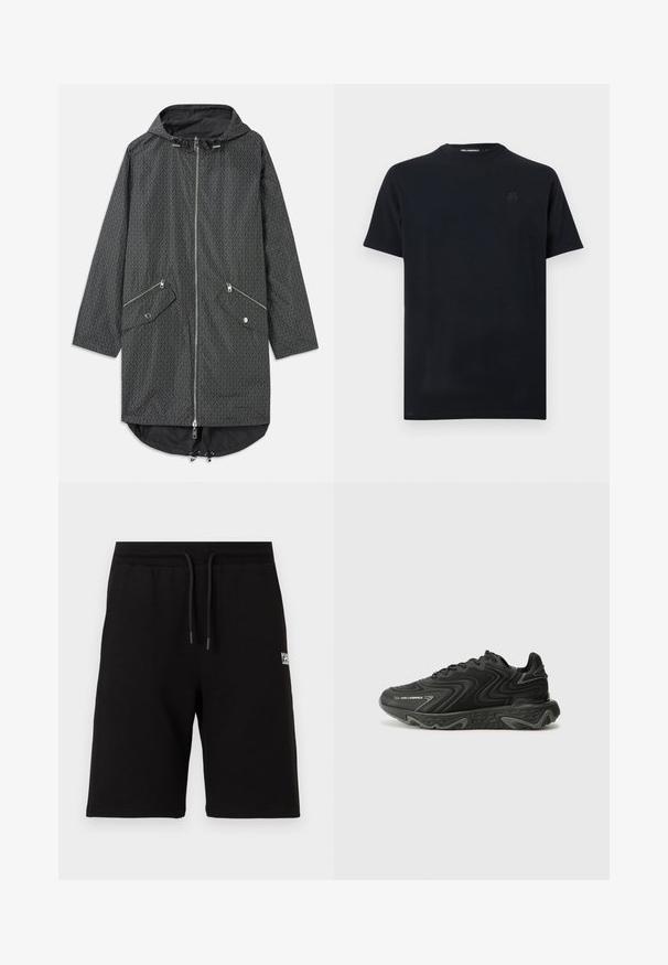 Parka noire imperméable avec un motif géométrique, fermeture éclair sur le devant, deux poches zippées et cordon de serrage ajustable à l'ourlet.; T-shirt noir à manches courtes avec col rond, logo subtilement embossé sur la poitrine et texte "KARL LAGERFELD" à l'intérieur du col.; Shorts noirs mi-cuisses avec ceinture élastique et cordon de serrage, arborant un petit logo blanc sur la cuisse droite.; Baskets noires avec une texture ondulée et des accents gris. Présentent un design à lacets et une semelle épaisse et sculptée. La marque est visible sur le côté.