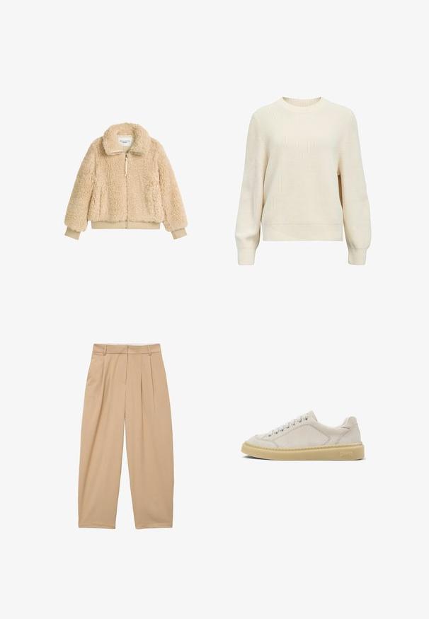 Beige, fluffy zip-jakke med høj krave, ribbede manchetter og talje, lavet af blødt, struktureret faux shearling-stof.; Kremfarvet sweater lavet af struktureret strikstof, med rund hals, lange ærmer og ribstrikkede manchetter og kant. Enkel, ensfarvet design.; Beige bukser med vide ben, forlommer, bæltestropper og skjult frontlukning, lavet af glat stof.; Beige lavsko i ruskind med hvide snørebånd og en tyk sandfarvet gummisål, Camper-logo præget på hælsiden.