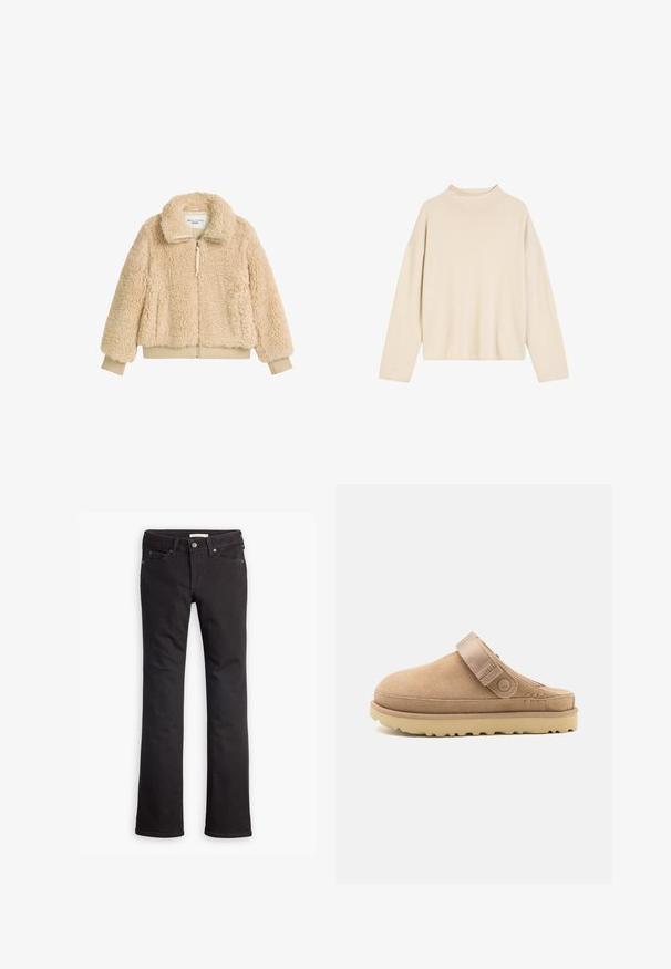 Beige, fluffy zip-jakke med høj krave, ribbede manchetter og talje, lavet af blødt, struktureret faux shearling-stof.; Cremefarvet langærmet sweater med mock neck, boxy pasform og blød tekstur. Har dropped shoulders og cropped kant.; Sorte jeans lavet af denim, med lige ben-design, standard talje, fem lommer og diskrete syninger.; Beige suedeklums med en tekstureret overdel, justerbar rem og en solid gummisål med en skridsikker mønster.