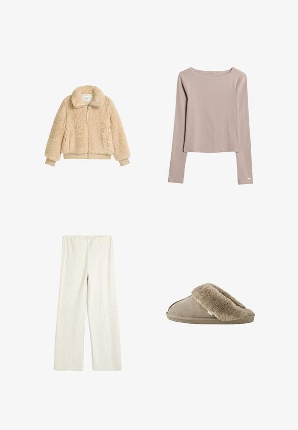 Beige, fluffy zip-jakke med høj krave, ribbede manchetter og talje, lavet af blødt, struktureret faux shearling-stof.; Lys beige langærmet skjorte lavet af blødt, strækbart stof. Har en bred halsudskæring og en let cropped bund. Diskrete syninger.; Koton WIDE LEG - Træningsbukser - beige; Beige slip-on tøfler med blød, plyssede pelsforing omkring åbningen og en ydersål med ruskindslignende overflade.