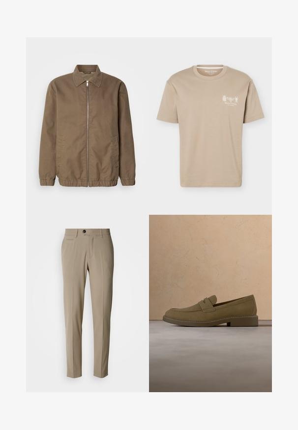 Brun zip-up jakke med krave, sidelommer, elastiske manchetter og en glat tekstur. Klassisk, minimalistisk design.; Beige kortærmet T-shirt med rund halsudskæring med små insektgrafikker og "Marc O'Polo" logo på venstre bryst.; Beige skræddersyede bukser med flad front, sidelommer, bæltestropper og en enkelt sort knap lukning. Glat stoftekstur.; Brun mokkalærreds loafersko svæver over et tekstureret beige tæppe i en stue med et træ sofabord og stabler af bøger.