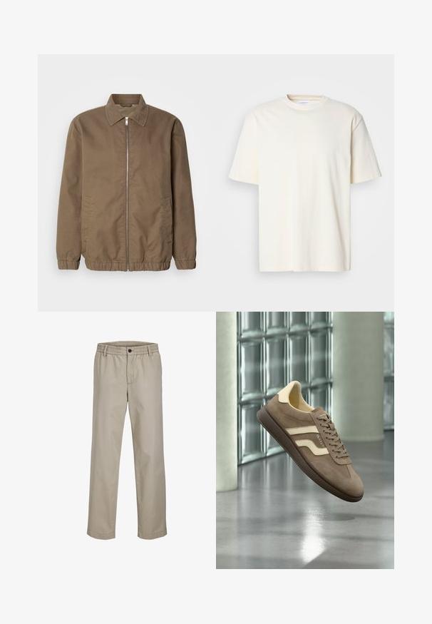 Veste zippée marron avec un col, poches latérales, poignets élastiques et une texture de tissu lisse. Design classique et minimaliste.; T-shirt uni à col rond, à manches courtes, de couleur blanc cassé, design unisexe, présenté sur un fond gris neutre.; Pantalon beige à jambe droite avec taille élastique, fermeture par bouton et passants pour ceinture, fabriqué dans un tissu lisse et léger.; Baskets en daim marron avec des accents crème et une semelle en caoutchouc foncée flottant à l'intérieur contre un mur en verre et des piliers en béton.