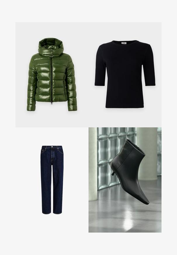 Groene pufferjas met een glanzende afwerking, voorzien van een hoge kraag, een horizontaal doorgestikt ontwerp en twee met rits te sluiten zijzakken.; Zwarte geribde t-shirt met een ronde halslijn en driekwart mouwen. De stof heeft een gladde textuur en een rechte zoom. Geen zichtbare merknaam.; Donkerblauwe denim jeans met een straight-leg ontwerp, voorzien van een hoge taille, vijf zakken en contrasterende stiksels. Geen versieringen.; Zwarte leren enkellaars met spits toelopende neus en lage kittenhak, schuin weergegeven tegen een gepolijste vloer en een glazen blokken muur als achtergrond.