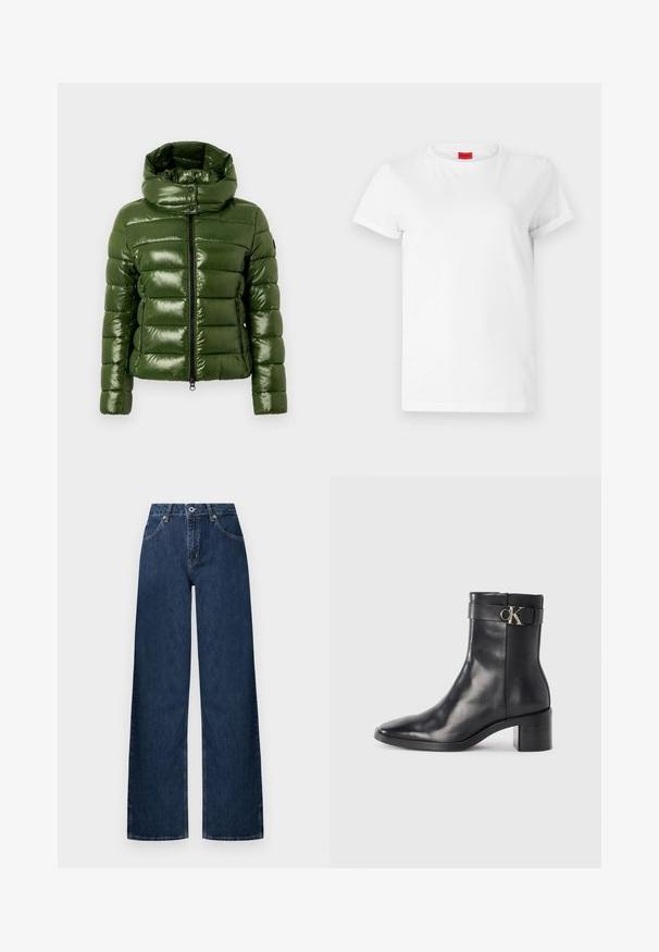 Groene pufferjas met een glanzende afwerking, voorzien van een hoge kraag, een horizontaal doorgestikt ontwerp en twee met rits te sluiten zijzakken.; Witte T-shirt met korte mouwen, gemaakt van lichtgewicht katoen. Heeft een ronde hals en opgerolde mouwen. Rode merketiket op de kraag.; Wijde jeans gemaakt van donker denim. Heeft een klassiek ontwerp met vijf zakken, knoopsluiting en subtiele vervaging bij de knieën.; Zwarte leren enkellaars met een spitse neus, blokhak en een bandje met een metallic logo. Gladde textuur en minimalistisch ontwerp.