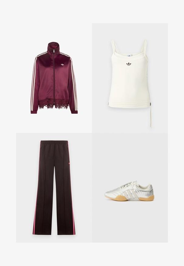 Casaco de cetim grená com fecho de correr, riscas brancas nas mangas, gola alta e acabamento em renda na bainha inferior.; Top creme sem mangas com alças finas; logo da Adidas a preto no peito. Tecido liso com detalhe de cordão na bainha. Design simples.; Calças desportivas pretas com riscas laterais rosas, cintura elástica, bolsos com fecho e logótipo da Adidas na coxa esquerda.; Ténis desportivo prateado com parte superior em couro liso, sola de borracha e detalhes texturizados. Apresenta design curvo e atacadores tonais.