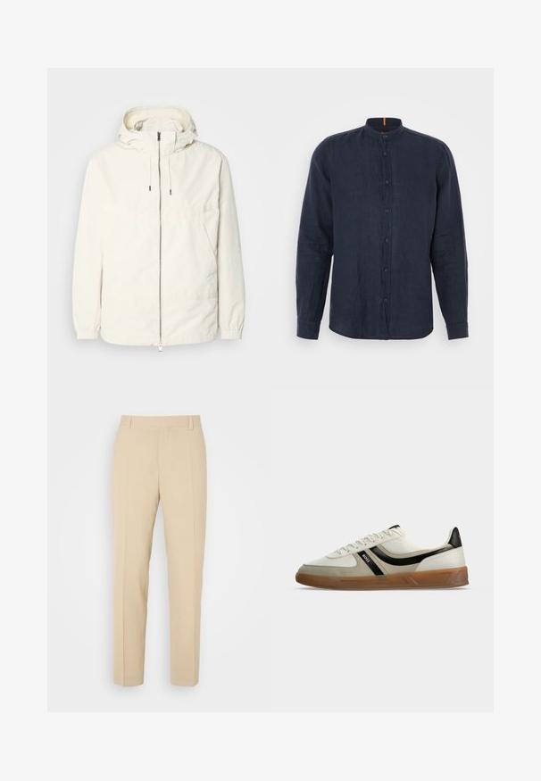 Lichte, crèmekleurige jas met een capuchon, rits aan de voorkant, elastische manchetten en een kangoeroezak. Glad materiaal met minimale stikdetails.; Navyblauwe, langarmpoloshirt van linnen, met een bandkraag, knopenstrip en een zachte textuur zonder patronen of versieringen.; Beige op maat gemaakte broek met een recht gesneden ontwerp, gemaakt van lichtgewicht stof, met twee voorzakken en nette, geplooide vouwen.; Low-profile witte en beige sneaker met zwarte streep, bruine rubberen zool en BOSS-logo aan de zijkant, gefotografeerd op een witte achtergrond.