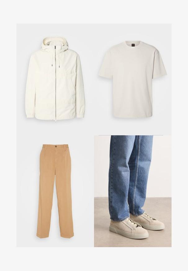 Lichte, crèmekleurige jas met een capuchon, rits aan de voorkant, elastische manchetten en een kangoeroezak. Glad materiaal met minimale stikdetails.; Korte mouwen, ronde hals t-shirt in off-wit katoen, met een rechte snit en minimale merkvermelding op de hals. Zachte textuur, geen patronen.; Beige wijde broek van zacht materiaal, voorzien van twee voorzakken, een knoopsluiting en plooidetails langs de benen.; BOSS GARYTENN_SDHDEL - Sneakers laag - natural ten