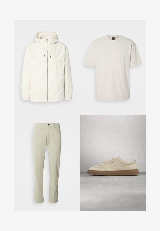 Leichte, cremefarbene Jacke mit Kapuze, Reißverschluss vorne, elastischen Bündchen und einer Kängurutasche. Glattes Gewebe mit minimalen Nähdetails.; Kurzärmliges T-Shirt mit Rundhalsausschnitt aus Baumwolle in Off-White, mit geradem Schnitt und minimalem Branding am Kragen. Weiche Textur, keine Muster.; Beige Baumwollchinos mit geradem Schnitt, Reißverschluss und einem einzelnen Knopfverschluss. Mit Gürtelschlaufen und einer glatten Textur.; Hellbeiger Wildledersneaker mit Gummisohle, auffälligen Schnürsenkeln und dezenten Nahtdetails. Sauberes Design mit minimalistischem Ästhetik.