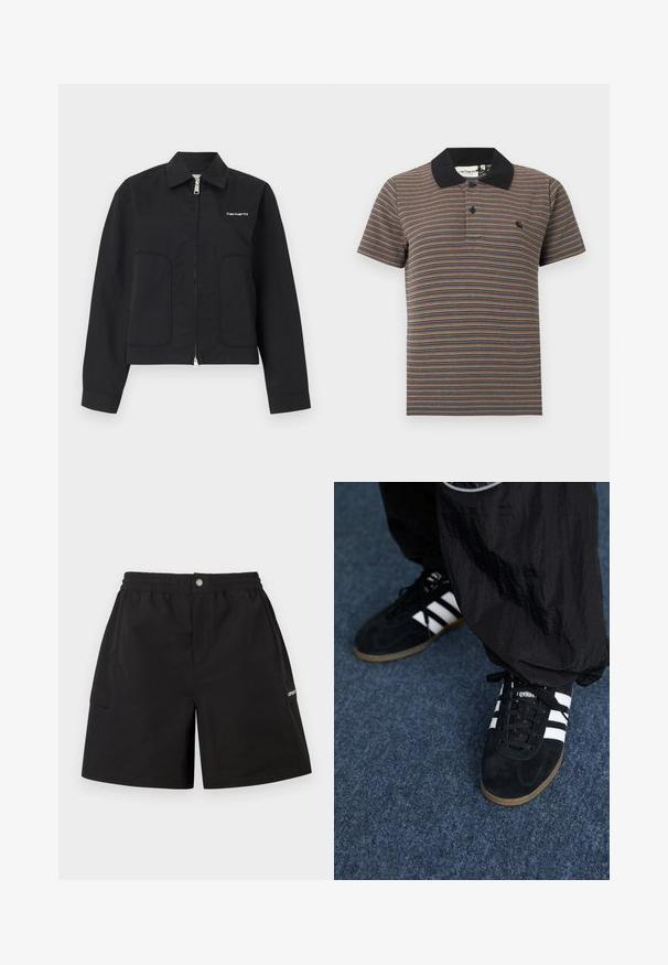 Veste noire à fermeture éclair avec col, deux poches avant, manches longues, et petit logo blanc "Carhartt" sur la poitrine gauche.; Polo à manches courtes avec de fines rayures horizontales multicolores et un col noir uni avec une patte de boutonnage à deux boutons.; Shorts noirs en tissu léger avec une taille élastique, des poches avant et une poche cargo latérale. Design simple et utilitaire.; Des chaussures de sport en suède noir avec trois rayures blanches et des lacets noirs. Un pantalon noir texturé est partiellement visible à côté des chaussures.