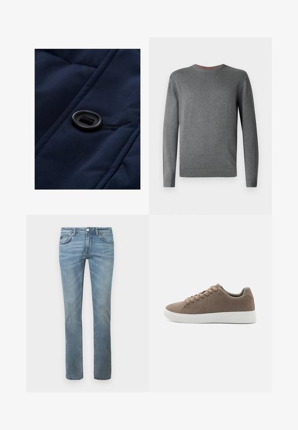Marineblauwe gewatteerde stof met een gladde textuur, voorzien van een zwarte knop en trekkoord-detail op het oppervlak, waarbij de quiltpatronen worden benadrukt.; TOM TAILOR BASIC CREWNECK - Trui - classic dark grey melange; Lichtblauwe jeans met een recht model, gemaakt van denim. Kenmerken zijn standaard zakken, riemlussen en subtiele vervaging.; Bruine suède sneakers met platte witte rubberen zolen, vetersluiting, ronde neus en een gladde textuur. Minimalistische stijl met subtiele stikdetails.