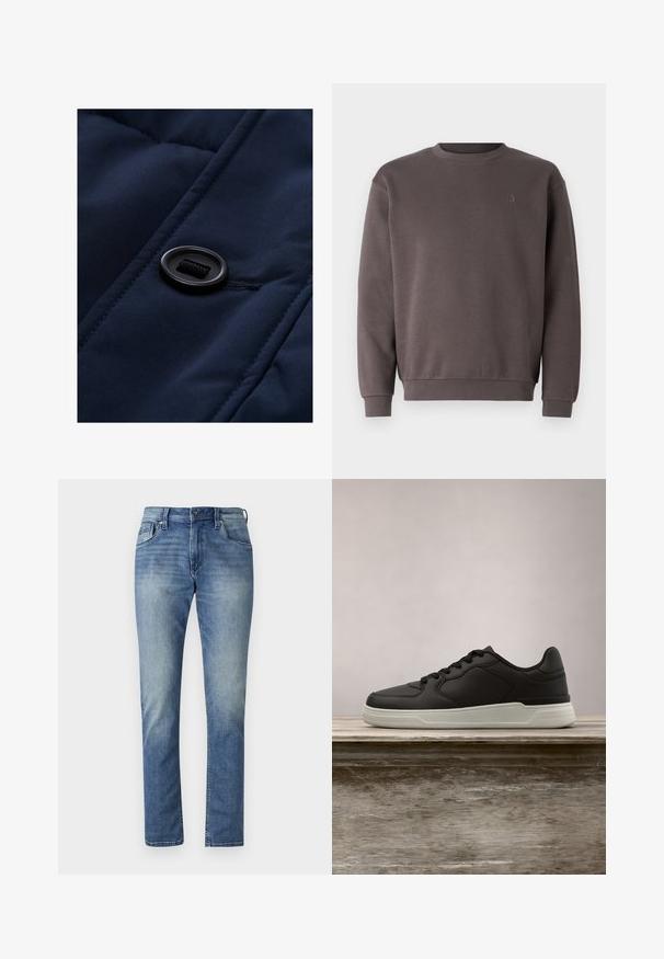 Tissu rembourré bleu marine avec une texture lisse, mettant en avant un bouton noir et des détails de cordon sur la surface, soulignant les motifs de matelassage.; Sweat-shirt en coton gris avec un col rond, des poignets et un ourlet côtelés. Présente un petit logo ton sur ton sur la poitrine. Texture douce.; Jeans en denim bleu clair avec une coupe droite, cinq poches et un délavage. Présente une fermeture à bouton et des passants de ceinture.; Baskets noires avec semelle blanche suspendues au-dessus d'un banc en bois, avec un feuillage vert en arrière-plan flou.