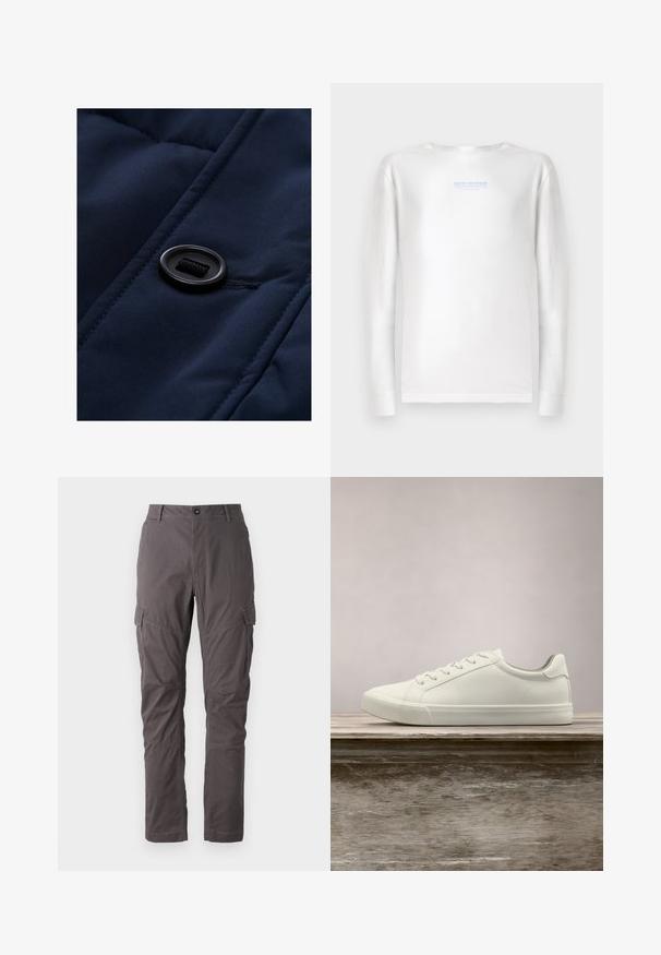 Marineblauwe gewatteerde stof met een gladde textuur, voorzien van een zwarte knop en trekkoord-detail op het oppervlak, waarbij de quiltpatronen worden benadrukt.; TOM TAILOR DENIM Longsleeve - white; Grijze cargo broek met een rechte snit, uitgerust met meerdere zijzakken en versterkte stiksels langs de benen. Gemaakt van duurzame stof.; Witte vetersneaker die boven een houten bank zweeft met groene bladeren op de achtergrond, waarbij het ontwerp en de textuur van de schoen worden getoond.