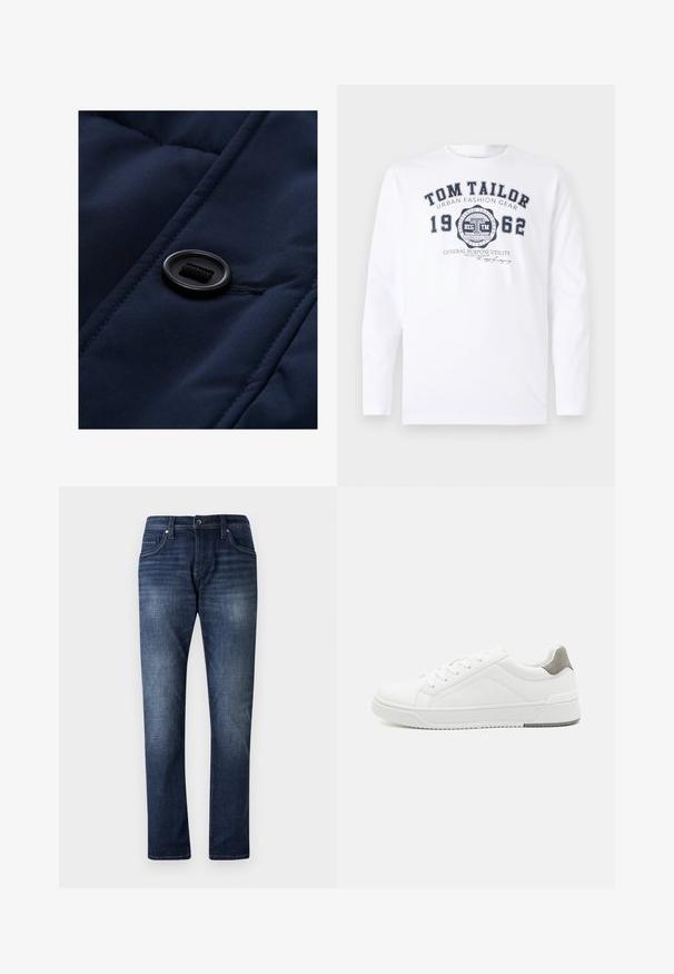 Marineblauwe gewatteerde stof met een gladde textuur, voorzien van een zwarte knop en trekkoord-detail op het oppervlak, waarbij de quiltpatronen worden benadrukt.; TOM TAILOR Longsleeve - white; Donkerblauwe denim jeans met een rechte pijpdesign, voorzien van een vervaagde wassing, vijf zakken en zichtbare stiksels langs de naden.; Witte sneaker van glad leer met een ronde neus, minimalistisch ontwerp, grijze hielaccent en een geplaatste rubberen zool.